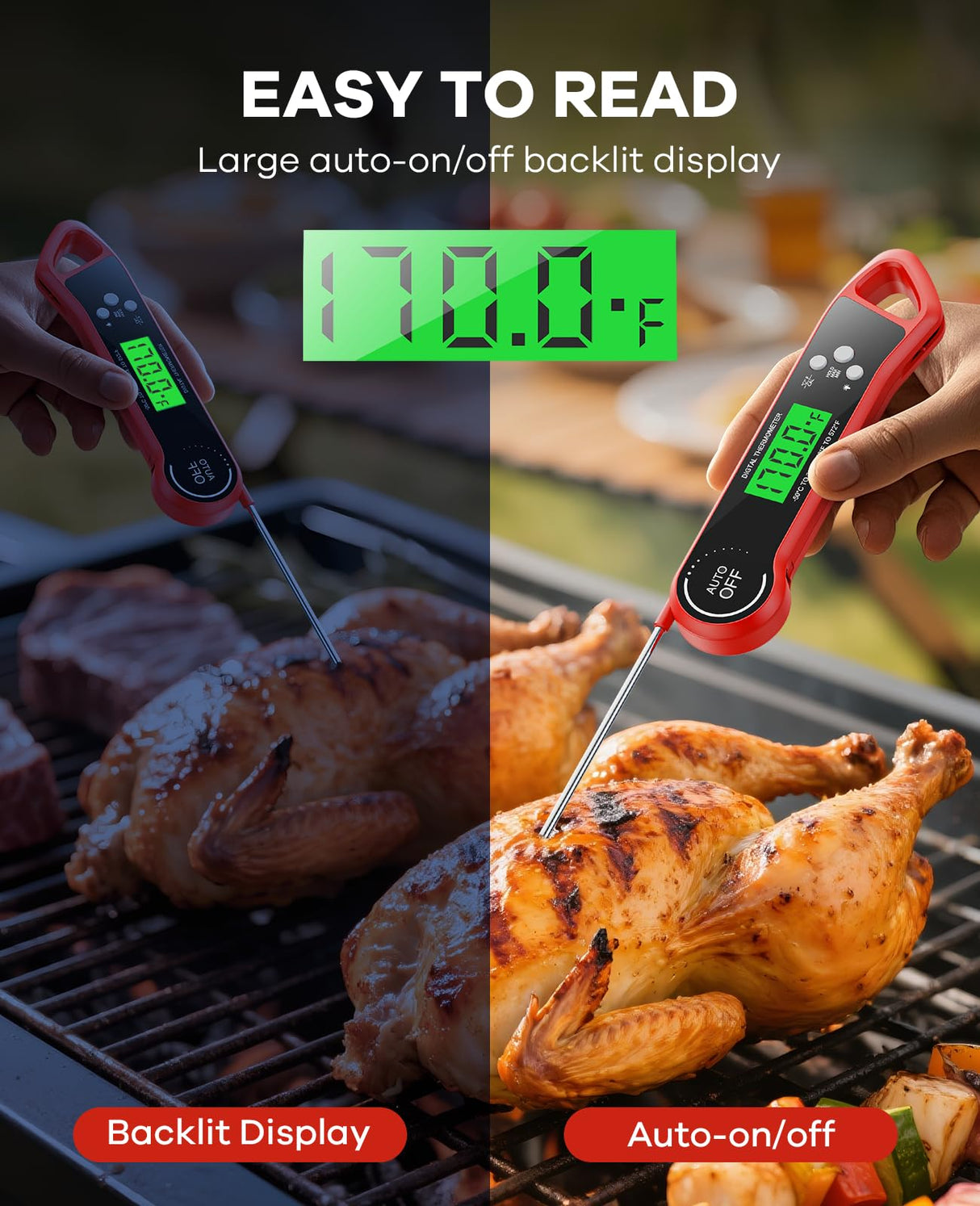 SILVLF Meat Thermometer Digital, Instant Read Thermometer with Backlight, Calibration & Hold Function, Waterproof Food Thermometer for Kitchen and Outside, BBQ, Turkey, Candy, Liquids, Beef (red) SILVLF
