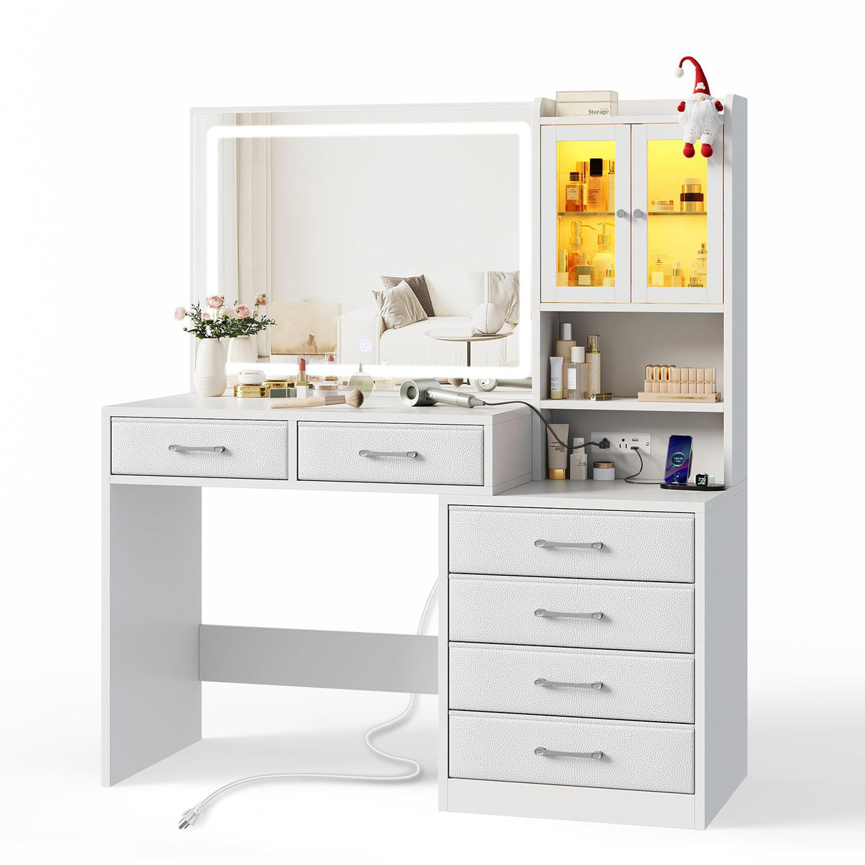 Rolanstar Vanity Desk with Lighted Mirror & Power Outlet, Makeup Vanity with RGB Storage Cabinet, 6 Fabric Drawers & 3 Shelves, 3 Color Modes Dressing Table for Bedroom, Girls, Women, White Rolanstar