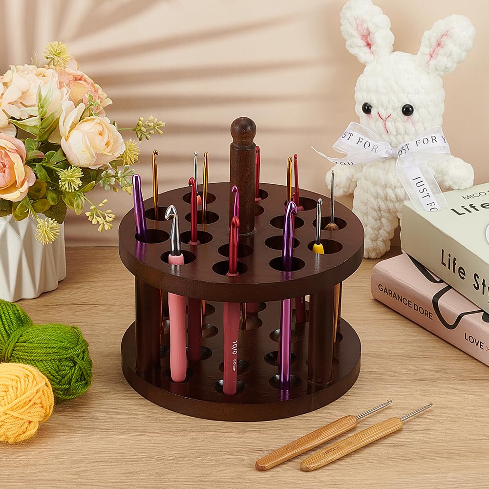 FINGERINSPIRE Wooden Crochet Hooks Holder 7.2x7.75inch Crochet Hooks Crafts Organizer With 16 Holes Coconut Brown Pine Wood Knitting Cases Sewing Supplies Storage for Knitting FINGERINSPIRE
