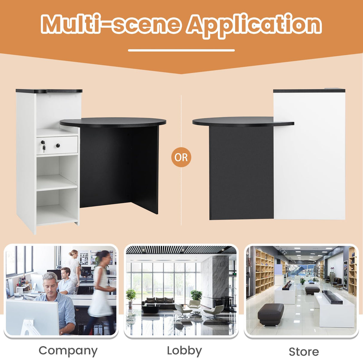 Tangkula Reception Desk, Front Counter Desk with Lockable Drawer & Adjustable Shelf, Oval Desktop, Retail Counter for Checkout, Computer Workstation for Salon Lobby Office, Home Office Desk Tangkula