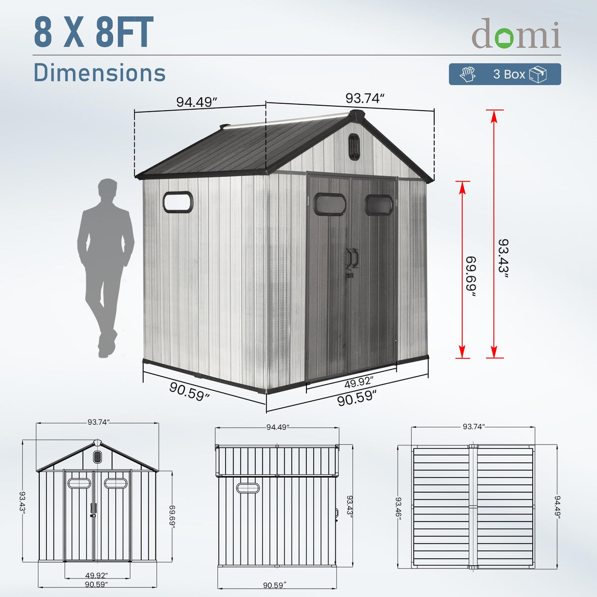 Domi 8x8 FT Outdoor Resin Storage Shed, All-Weather Double-Wall Storage Building for Backyard, Garden, Lawn Tools, Mower, Bike & Pool Equipment, Lockable Doors, Ventilated Roof, Grey domi outdoor living