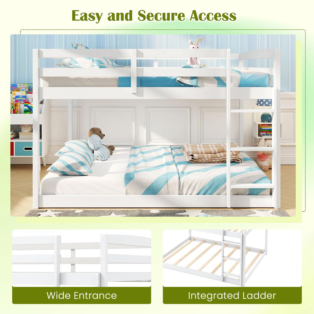 Giantex Full Over Full Bunk Bed, Solid Wood Kids Bunk Bed with Full-Length Guardrails, Integrated Ladder & Anti-Tippling Kits, Low Bunk Beds with Slats Support for Kids, Teens, White Giantex