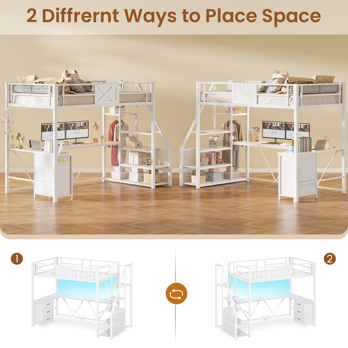 Itaar Stairway Twin Size Loft Bed with L Shaped Desk and Wardrobe, Metal Loft Bed Frame with Storage Stairs,3 Fabric Drawers, LED Lights & Charging Sation,No Noise & No Box Spring Needed, White Itaar