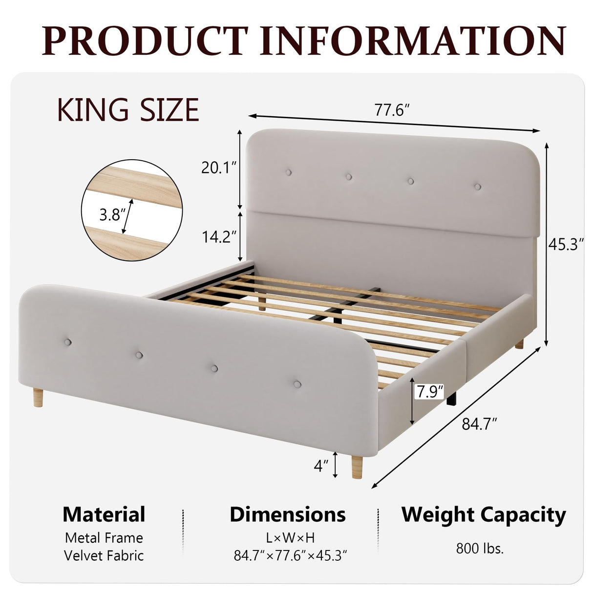 King Size Platform Bed Frame with Velvet Upholstered Headboard, Button Tufted Headboard and Footboard, Anti-Collision Soft Rounded Corners, No Box Spring Needed, Easy Assembly, Light Gray viplov