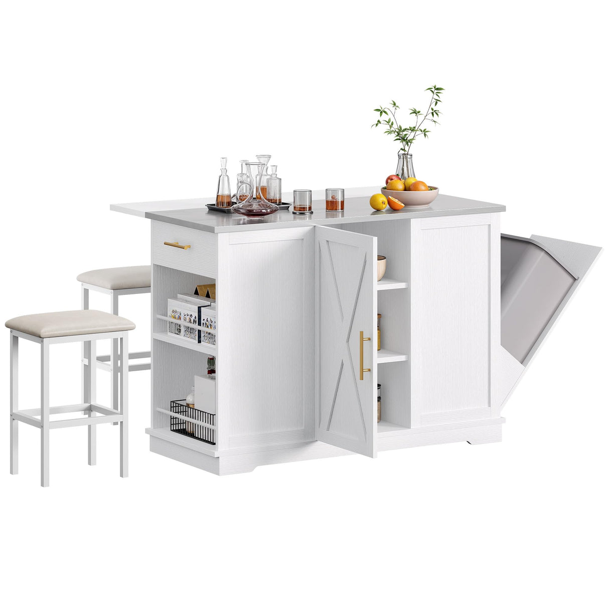 YITAHOME Kitchen Islands with Seating, 47" Mobile Storage Island with Trash Can, Rolling Kitchen Island Cart with Drop Leaf & Stainless Steel Countertop, Bar Table with 2 Stools, Spice Rack, White YITAHOME
