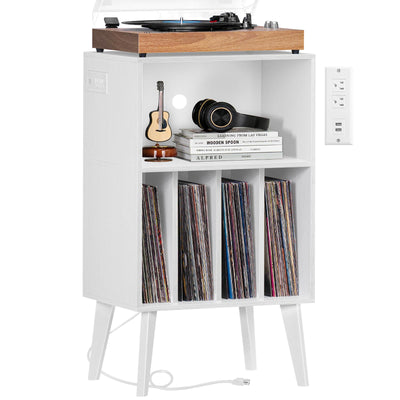 Lerliuo Record Player Stand with Charging Station, White Turntable Stand Holds up to 160 Albums, Mid-Century Vinyl Storage Cabinet Table with Wood Legs, Record Holder Dispaly Shelf for Living Room