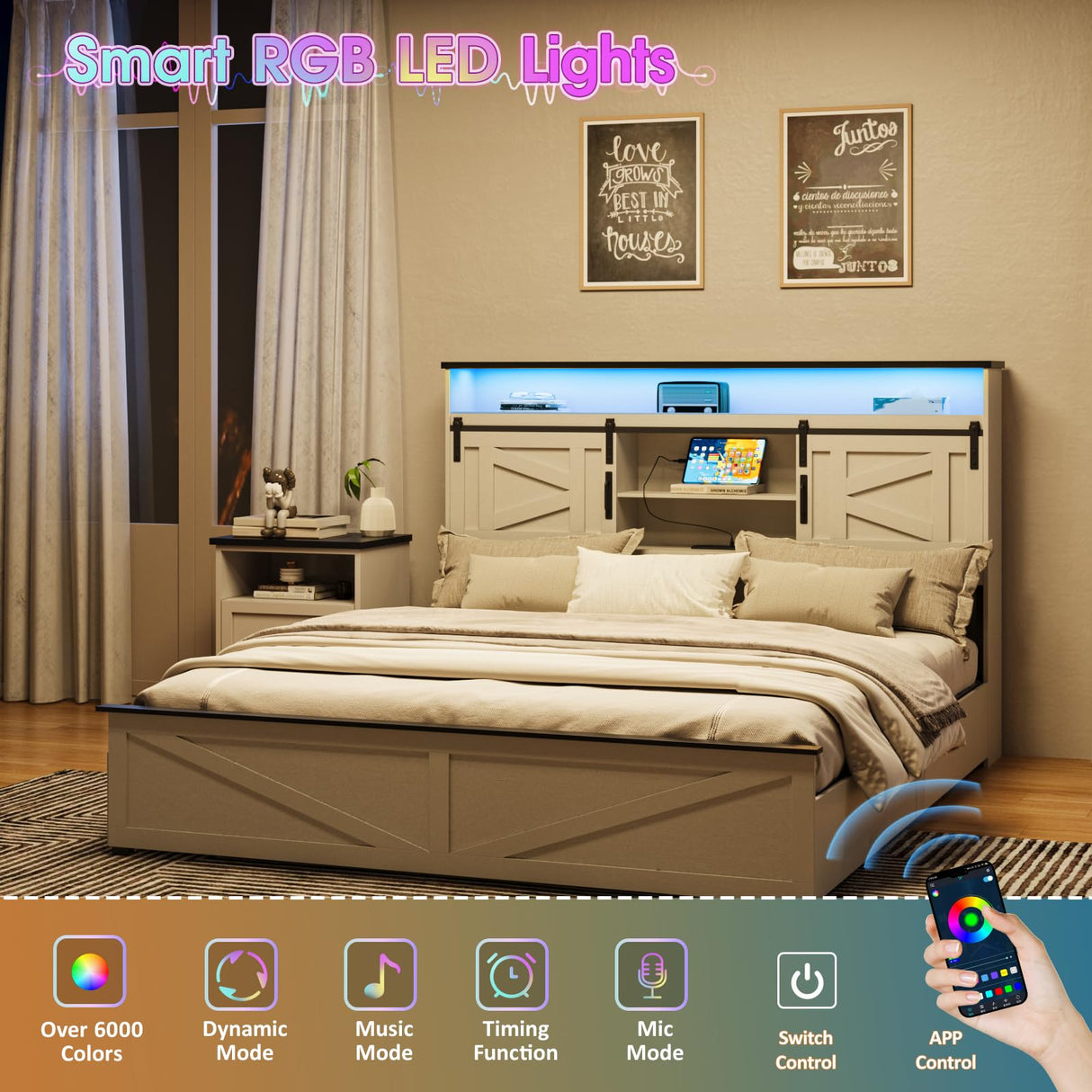 Fameill Farmhouse King Size Bed Frame with 4 Drawers and Bookcase Headboard, Sliding Barn Door Storage Shelves, LED Lights and Charging Station, No Box Spring Needed, Antique White Fameill