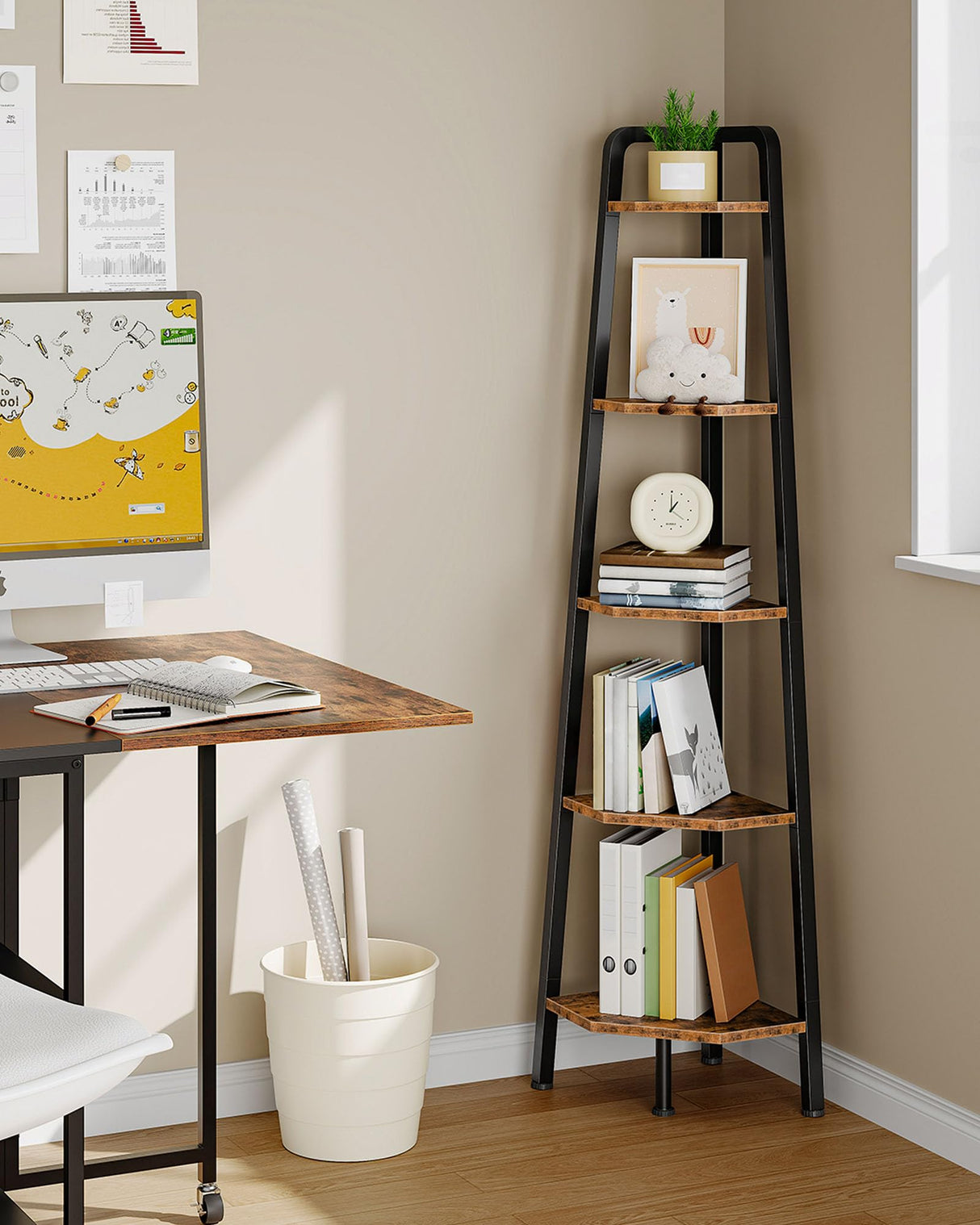 CHOEZON Corner Shelf, 5-Tier Ladder Corner Shelf, Ladder Bookshelf, 59.6" Tall Vertical Display Stand, Metal Frame Bookshelf, for Living Room, Bedroom, Kitchen, Rustic Brown and Black TCJ20BF