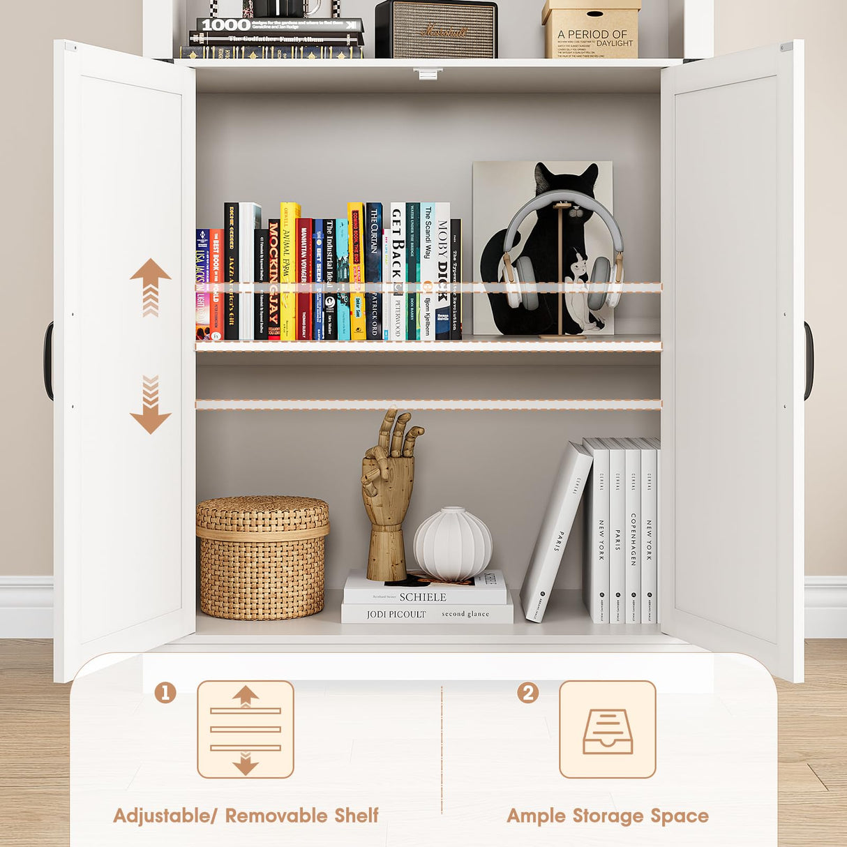 Maupvit 67" White Tall Bookshelf and Bookcase with Doors, 5-Tier Farmhouse Book Shelf with Storage Cabinet, Open Display Shelves, Wood Large Book Storage Cabinet for Living Room, Study, Kitchen, Home Maupvit