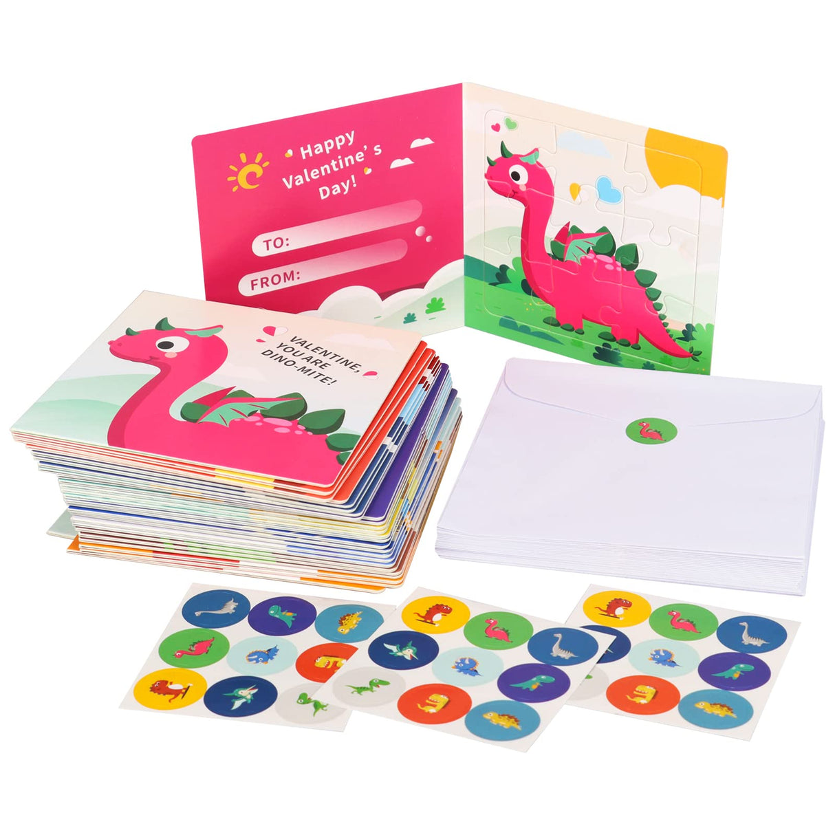 Valentine's Day Puzzle for Kids, 27 Pack Dinosaur Jigsaw Puzzle Cards with Envelopes & Stickers Bulk -for School Classroom Class Boys Girls Toddlers Gift Exchanges and Kids Valentines Party Favor Sets POPGIFTU