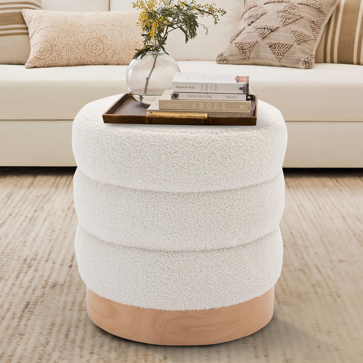 COLAMY Sherpa Ottoman Footstool, Tufted Modern Foot Rest Stool with Wood Base for Living Room, Bedroom, Desk, Round Versatile Side End Table, Pouf, Makeup Seat, Cream COLAMY