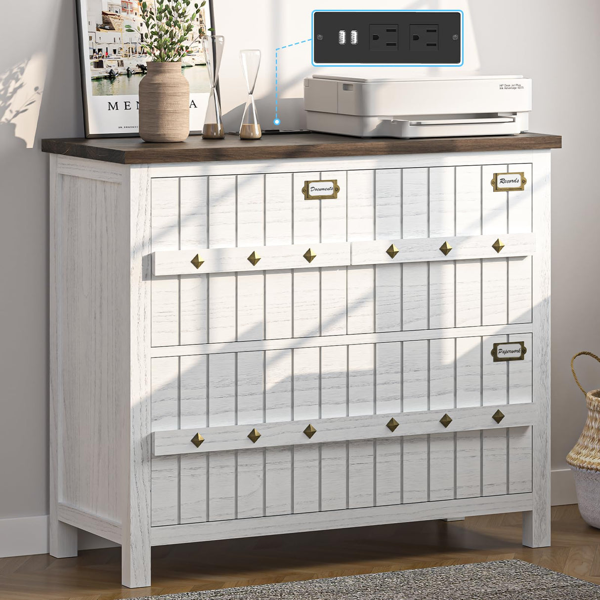 TVU Farmhouse 3 Drawer File Cabinet with Charging Station, Solid Lateral Filing Cabinet for Home Office, Office Organizer for Legal/Letter/A4/Folders File - Beside Desk Printer Stand TVU