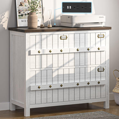 TVU Farmhouse 3 Drawer File Cabinet with Charging Station, Solid Lateral Filing Cabinet for Home Office, Office Organizer for Legal/Letter/A4/Folders File - Beside Desk Printer Stand