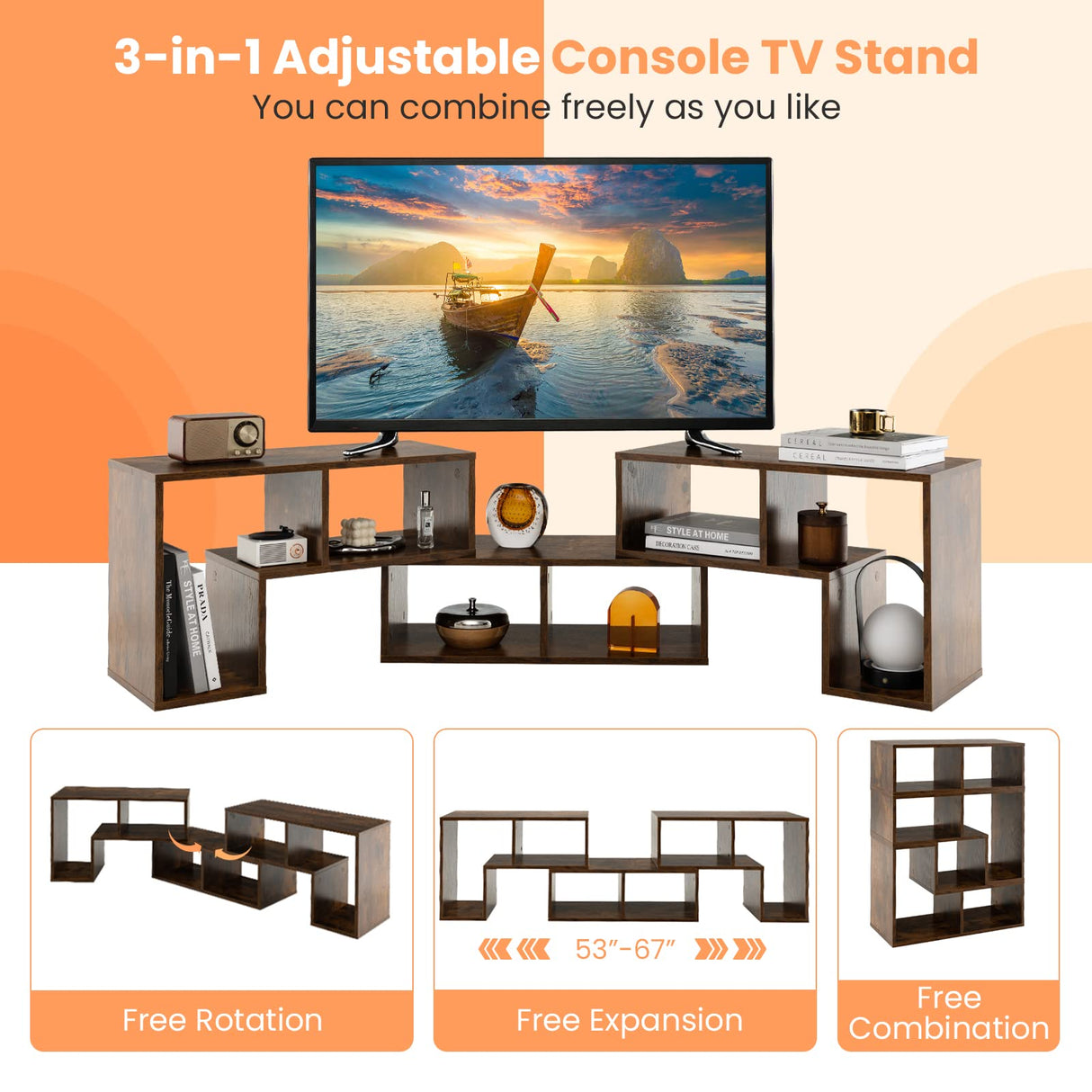 Tangkula 3 Pieces Console TV Stand, Free-Combination Entertainment Center for 50 55 60 65 Inch TV, Minimalist Modern Media Stand, DIY Open Storage Bookcase Shelf for Living Room (Brown) Tangkula