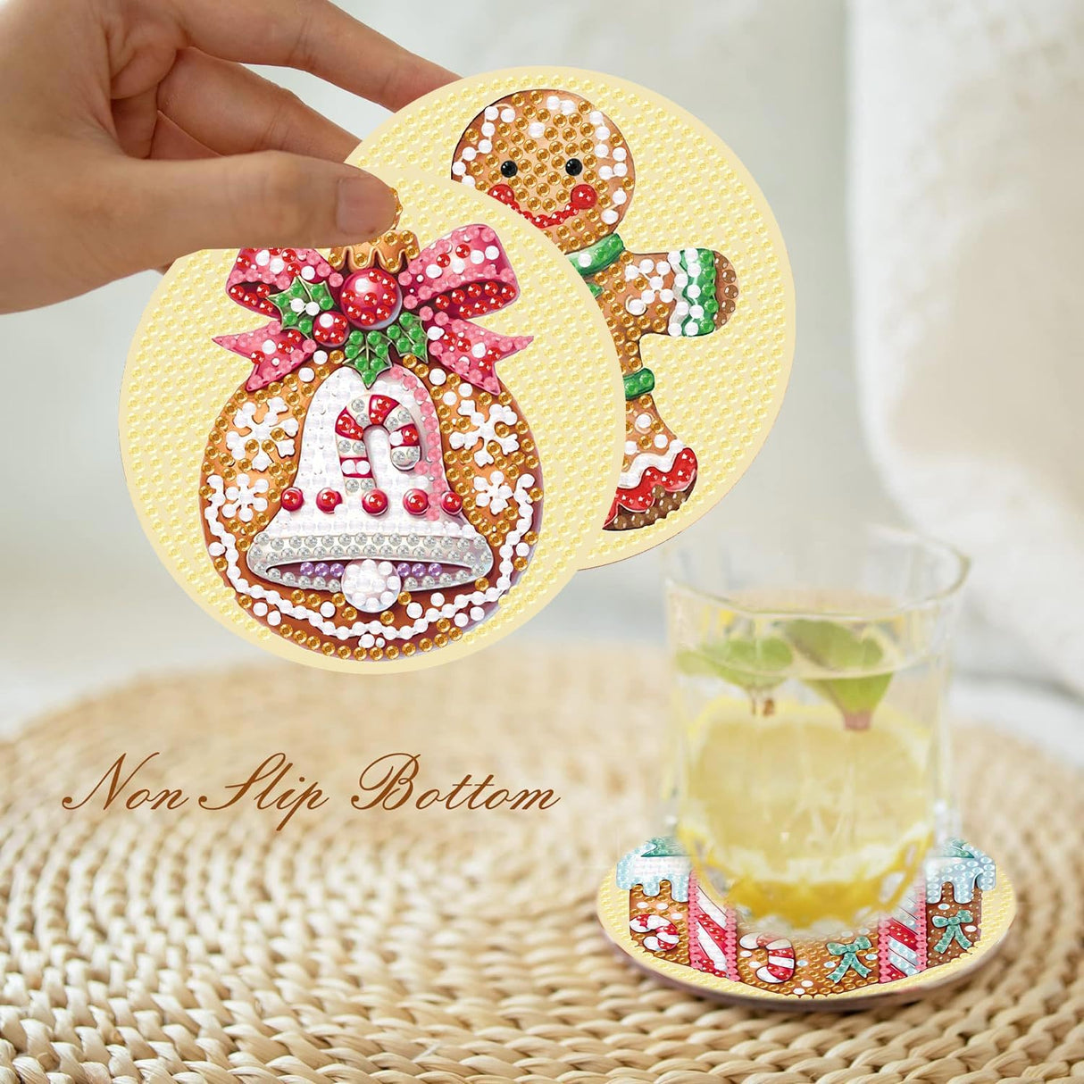 eniref 8 Pcs Christmas Diamond Art Coasters Kits with Holder, Gingerbread Snowman 5D DIY Diamond Pinting Coasters Acrylic Round Cup Coaster with Cork Pads for Tabletop Protection 10×10 CM eniref