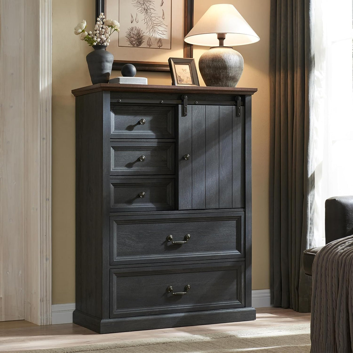 IFGET Farmhouse 5 Drawers Dresser for Bedroom, 47" Tall Chest of Drawers w/Sliding Barn Door, Rustic Wood Dressers Organizer w/Adjustable Shelves for Bedroom, Hallway, Living Room, Kitchen, Dark Grey IFGET