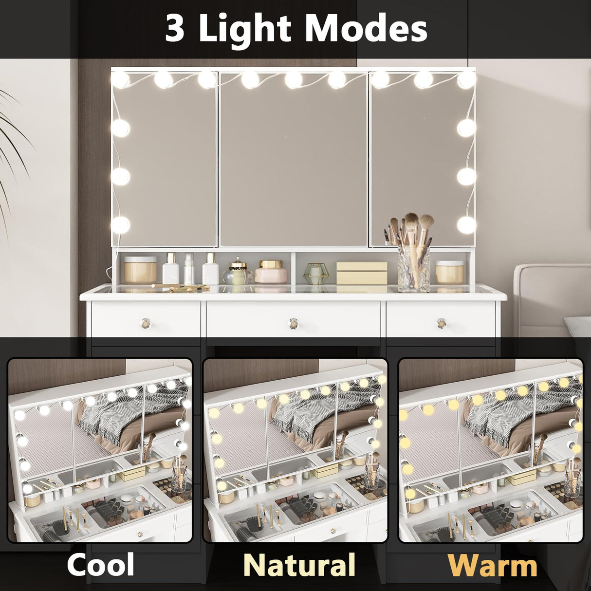 FUFU&GAGA Vanity Desk with Mirror and Bulb Lights, Large Makeup Vanity with Glass Top, Modern Dressing Table with 9 Drawers & Hidden Shelves for Bedroom, White, 43.3”W x 19.7”D x 53.6”H FUFU&GAGA