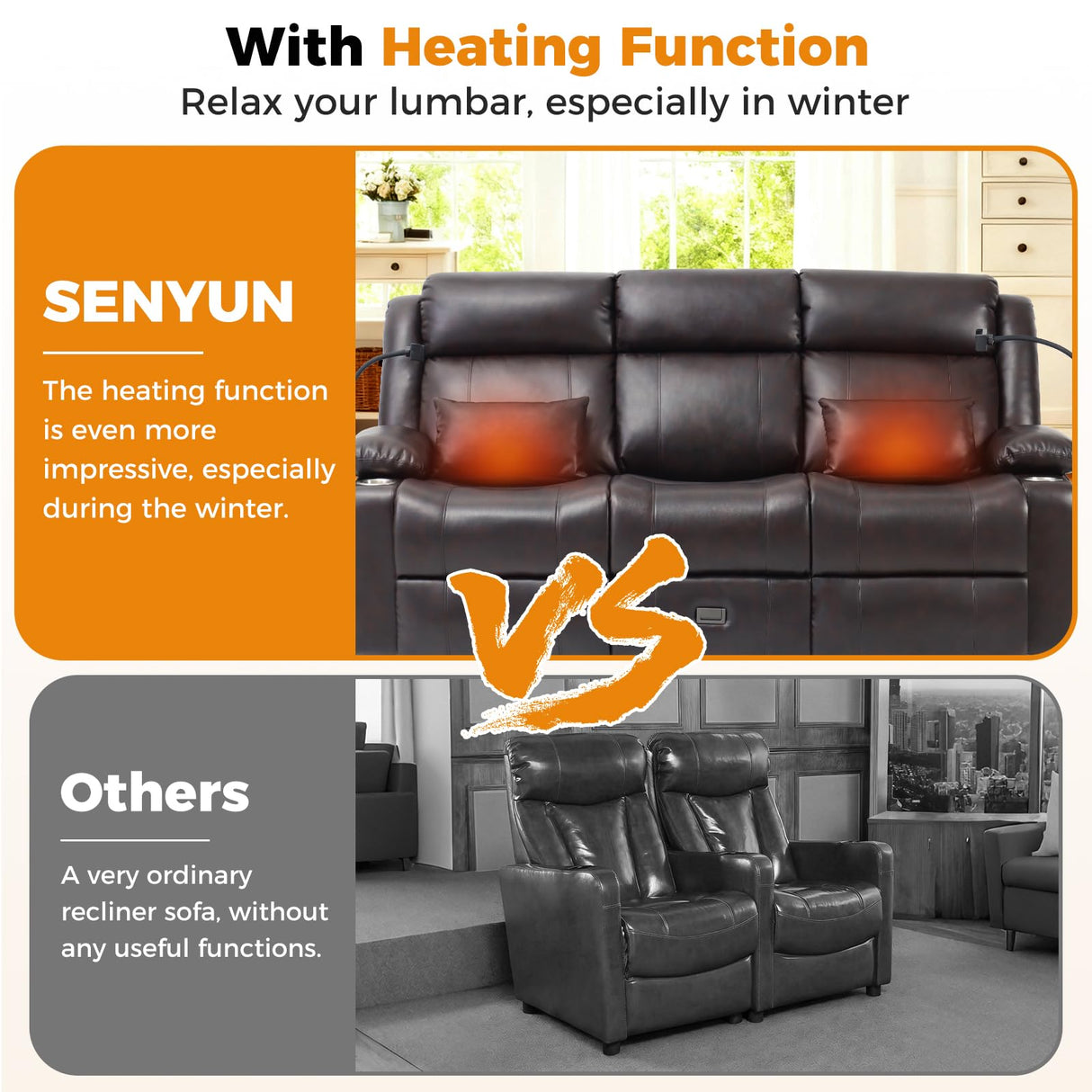 SENYUN 3-Seater Recliner Sofa, Flip Middle Backrest Manual Reclining Couch with Storage Drawer, Phone Holder and USB A&C Ports, Loveseat Recliner for Home Theater,Living Room,RV(Leather,Brown) SENYUN