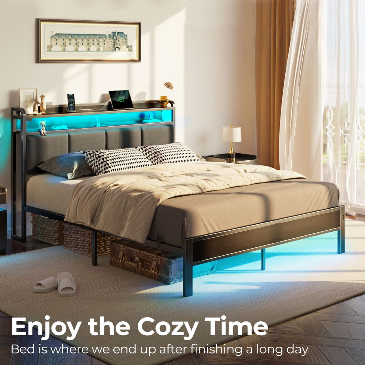 Rolanstar Bed Frame Full Size with Charging Station and LED Lights, Upholstered Headboard with Storage Shelves, Heavy Duty Metal Slats, No Box Spring Need, Noise Free, Easy Assembly, Dark Grey Rolanstar