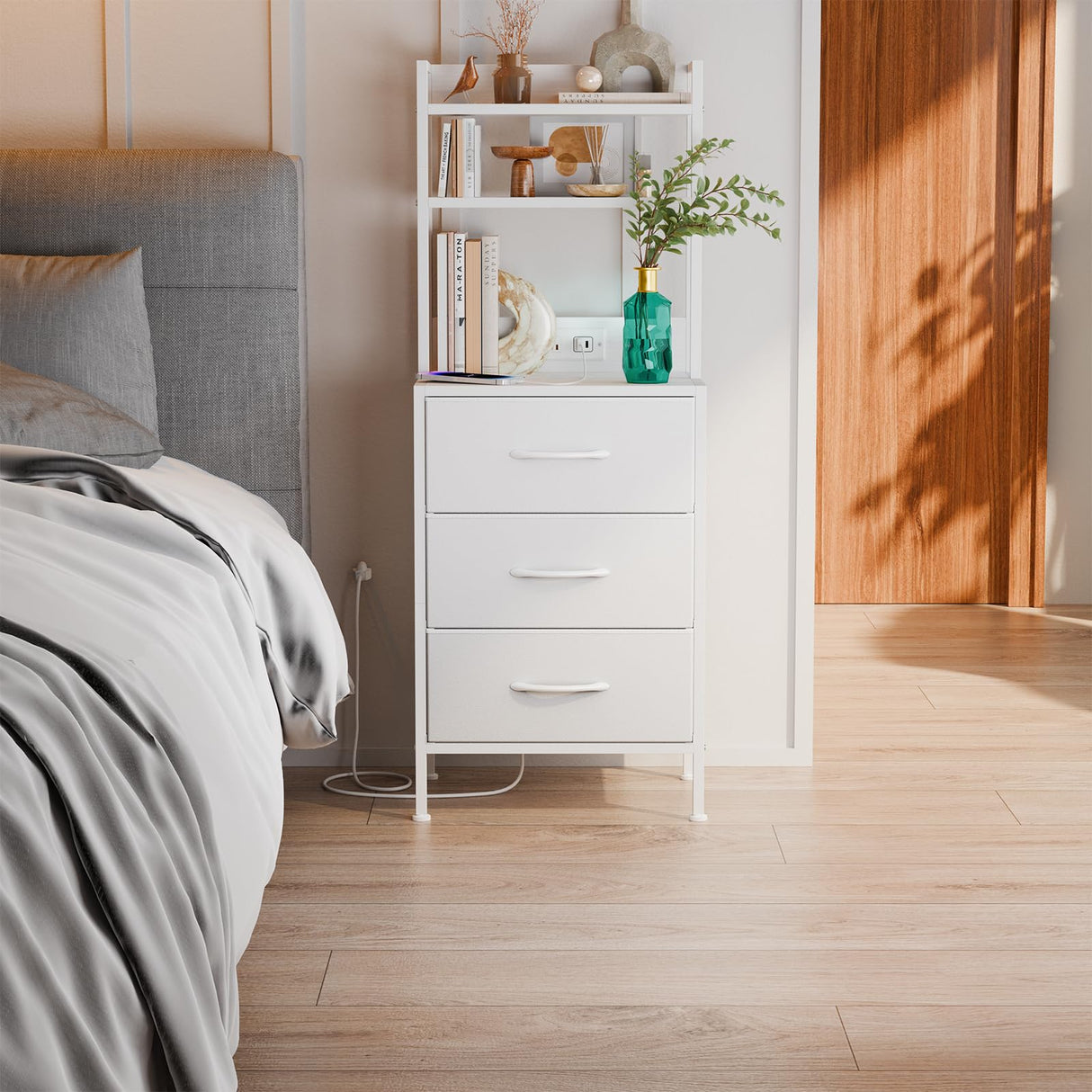 Fixwal Tall Nightstand with Charging Station, 41 Inch Led Night Stand with U-S-B Port & Socket, 3 PU Finished Fabric Storage Drawers, Office, Bed Side Table & Bookshelf in One, White Fixwal