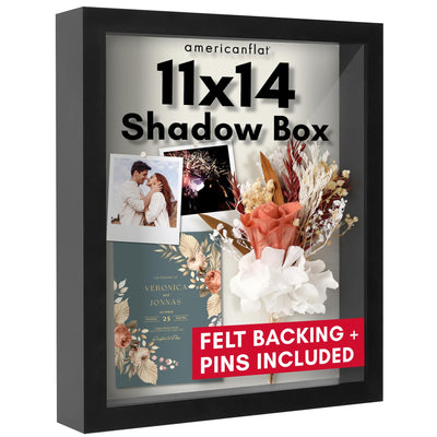 Americanflat 11x14 Shadow Box Frame with Shatter-Resistant Glass - Silhouette Collection - Large Shadow Box Display Case for Tabletop and Wall Display - Black with Soft Felt Back