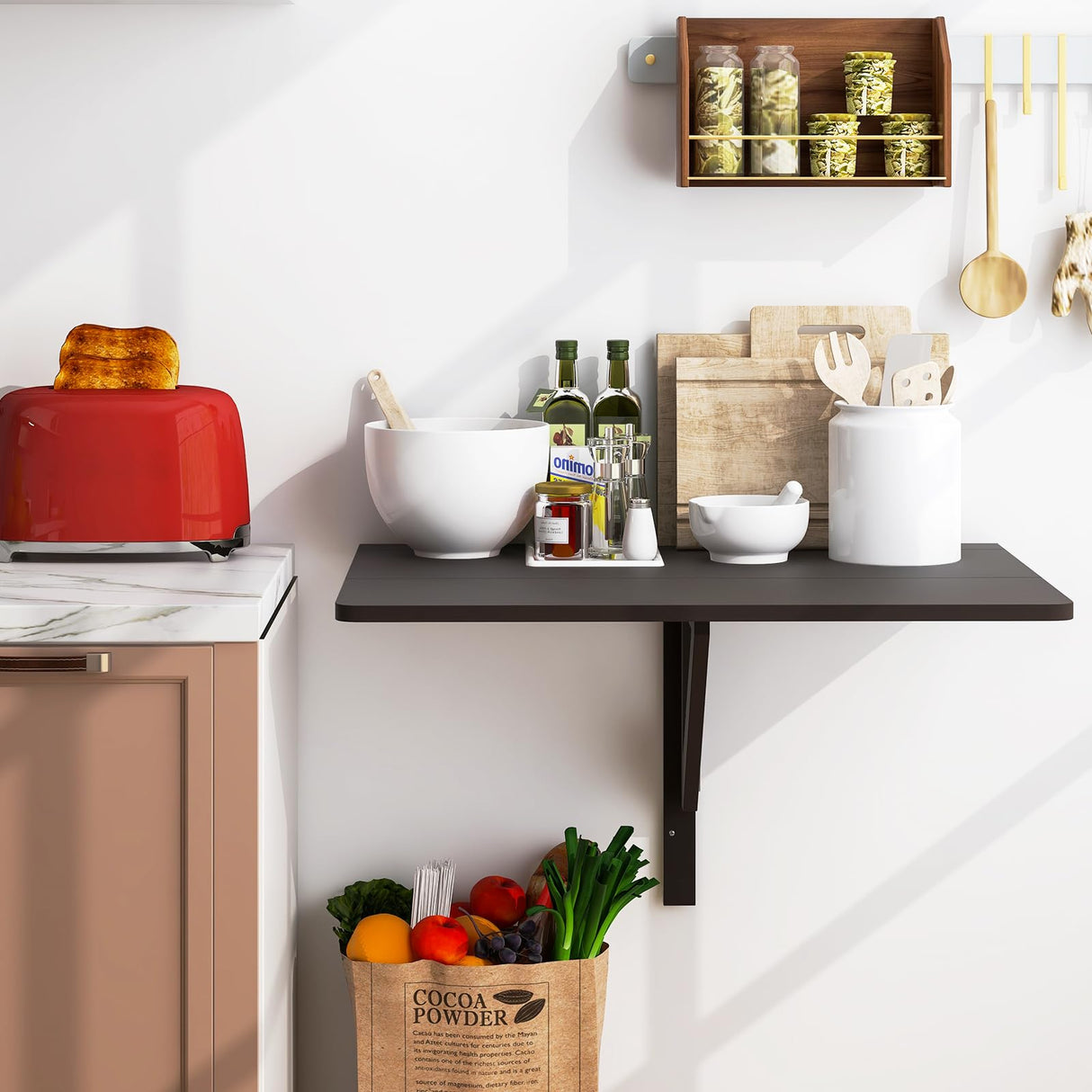 Giantex Wall Mounted Folding Table, 31.5" x 23.5" Wood Murphy Desk Drop-Leaf Table, Space Saving Foldable Floating Desk, Wall Desk Fold Down for Small Spaces, Study, Bedroom, Bathroom (Brown) Giantex