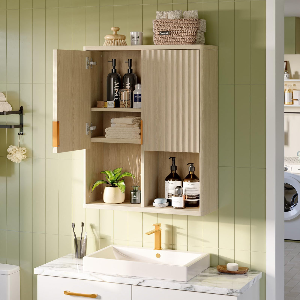 Bestier Fluted Bathroom Wall Cabinet Over The Toilet Storage, 23"x 29" Medicine Cabinet with Adjustable Shelf, Laundry Cabinet Wall Mounted and Kitchen Storage Cabinet(Natural Oak) Bestier