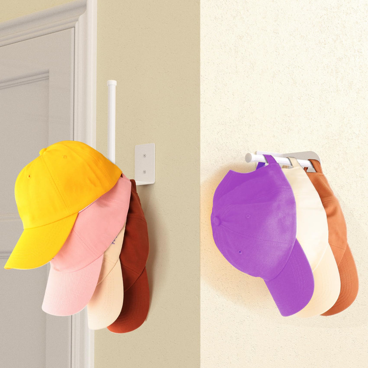 Durmmur 2 Pack Hat Racks for Baseball Caps, Stainless Steel Hat Organizer for Baseball Cap, Hat Holder Storage Organizer, Hat Hanger Strong Adhesive/Wall Drilled for Door, Bedroom, Closet(White 6 in) Durmmur