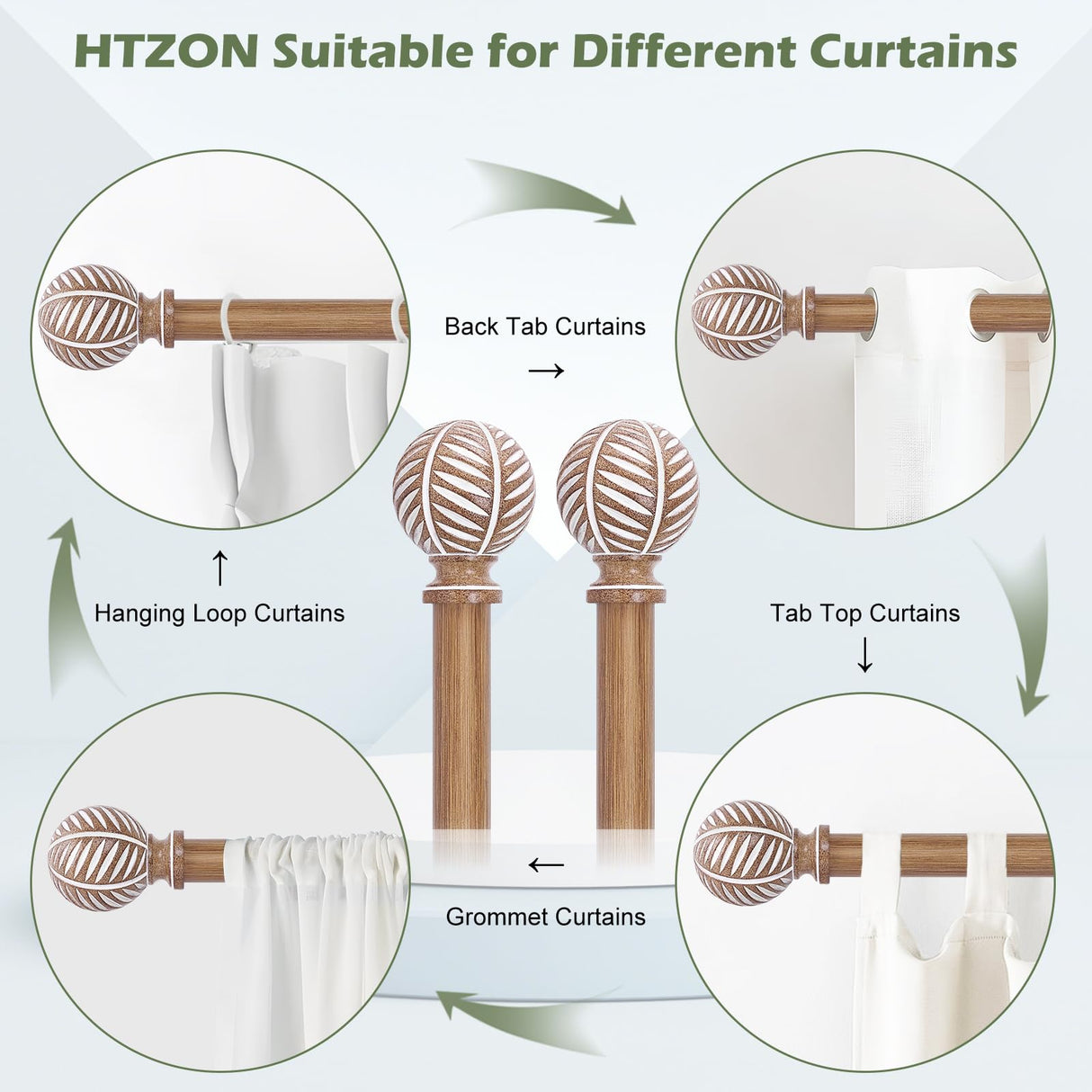 HTZON 2 Pack Wood Curtain Rods 28 to 48 Inch,1 Inch Boho Adjustable Curtain Rod,Imitation Wood Grain Leaf Window Curtains Rods,Farmhouse Rustic Heavy Duty Curtain Rods,Brown Drapery Rods Set 18-45" HTZON