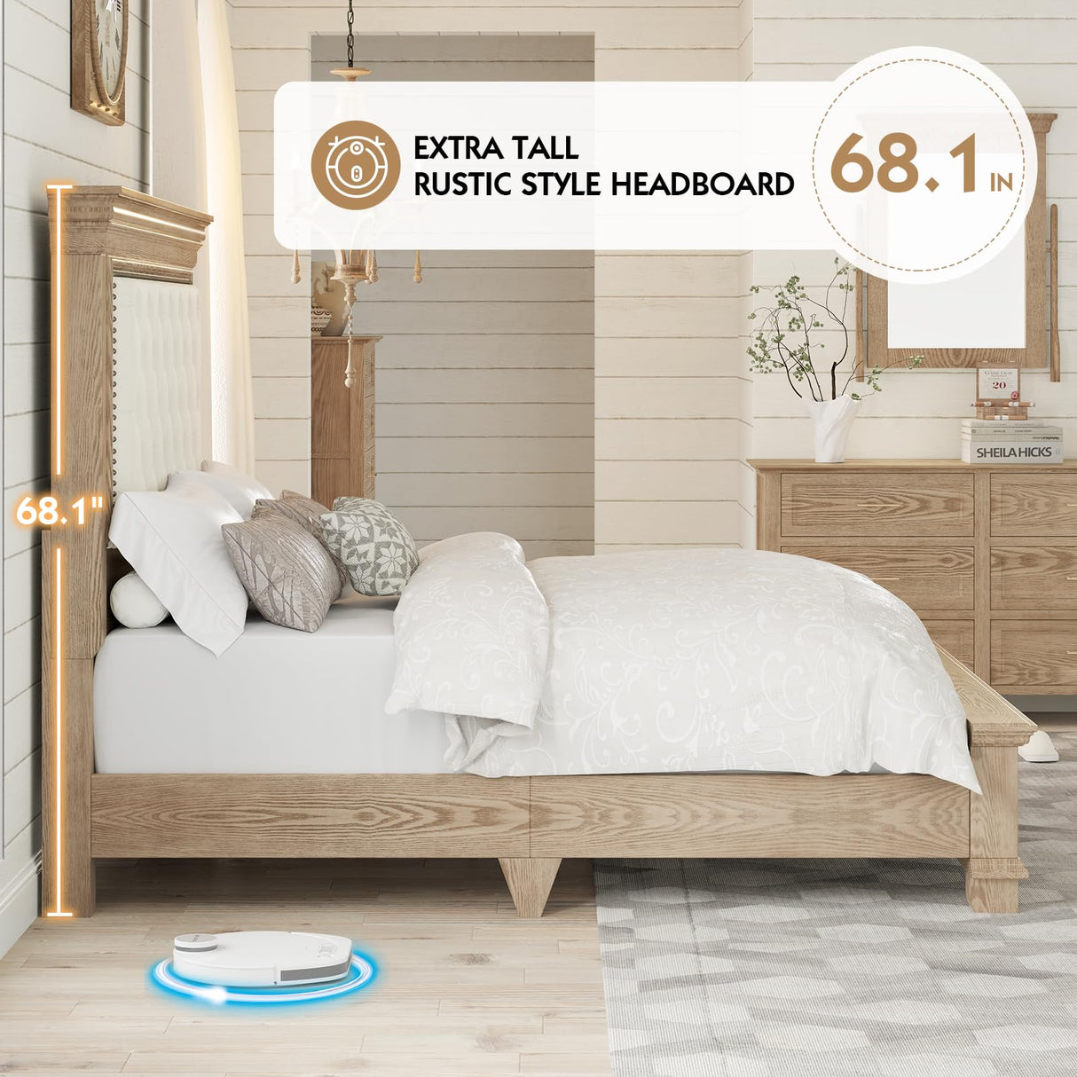 YUMPIE Queen Rustic Solid Wood Bed Frame With 68" Tall Headboard, Farmhouse Chenille Upholstered Panel Platform Bed Mattress Frame, Button Tufted/Antique Brass Nail Trim/No Box Spring Needed, Milk Ash YUMPIE