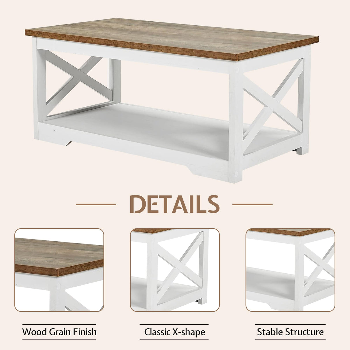 LUXOAK 3-Piece Farmhouse Living Room Table Sets, Includes 1 x Coffee Table, 2 x End Tables with Charging Station & USB Ports, Rustic Coffee Table Set of 3, Distressed White LUXOAK