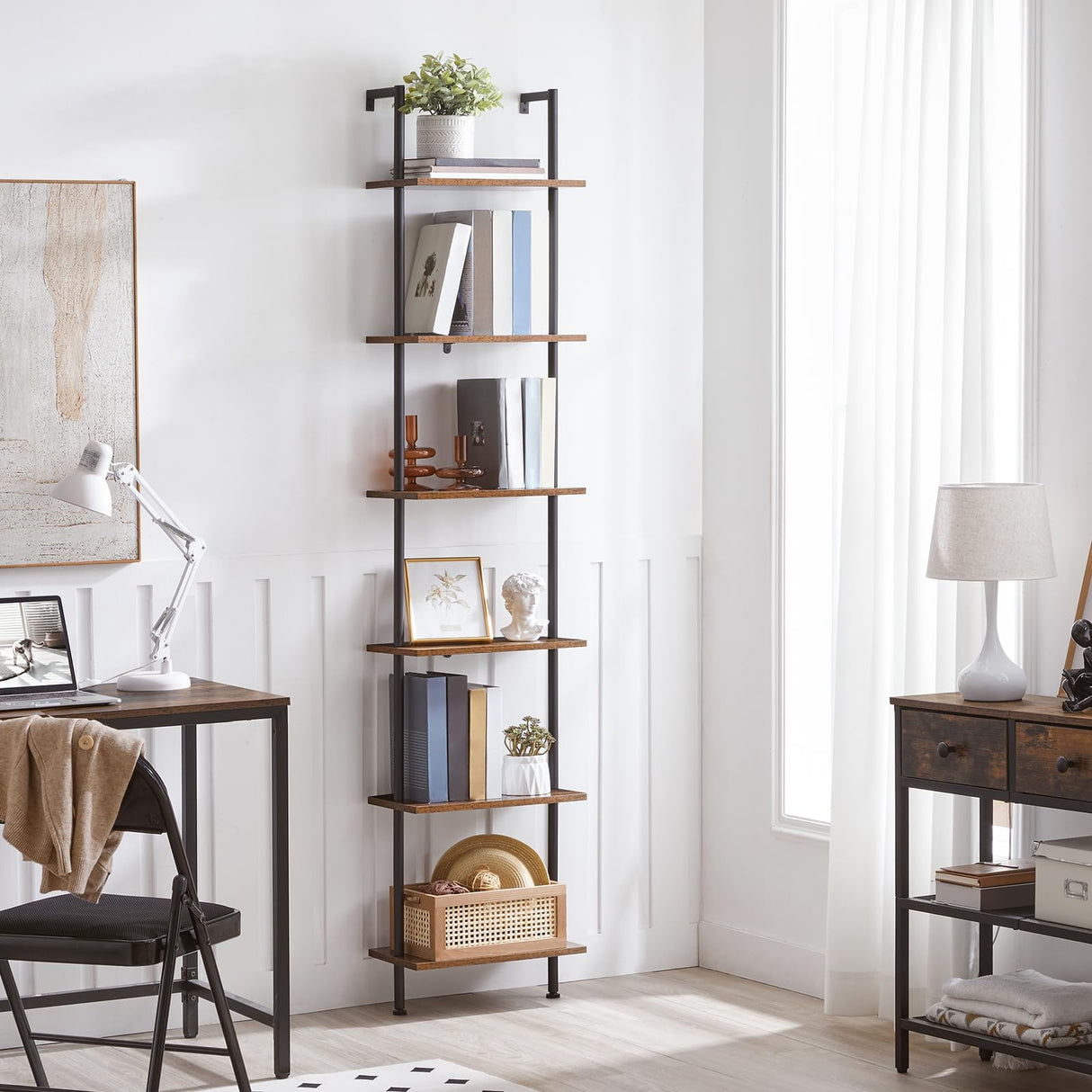 HOOBRO DIY Ladder Shelf, 6-Tier Wooden Wall Mounted Bookshelf, Narrow Bookcase, Display Shelf, Storage Rack, Plant Stand, for Living Room, Bedroom, Study, Balcony, Rustic Brown and Black BF651CJ01 HOOBRO