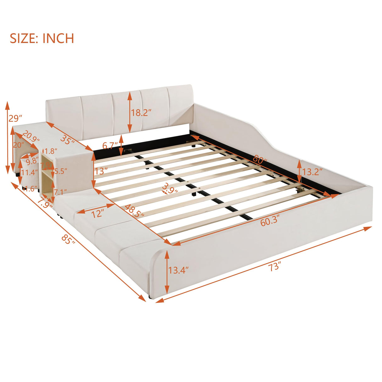 Merax Queens Size Velvet Bed Frames Upholstered Grounded Bed, Wooden Mother & Child Bed with Bedside Desk and Little Round Stool,Kids Adults Bedroom Floor Platform Bed,Beige Merax