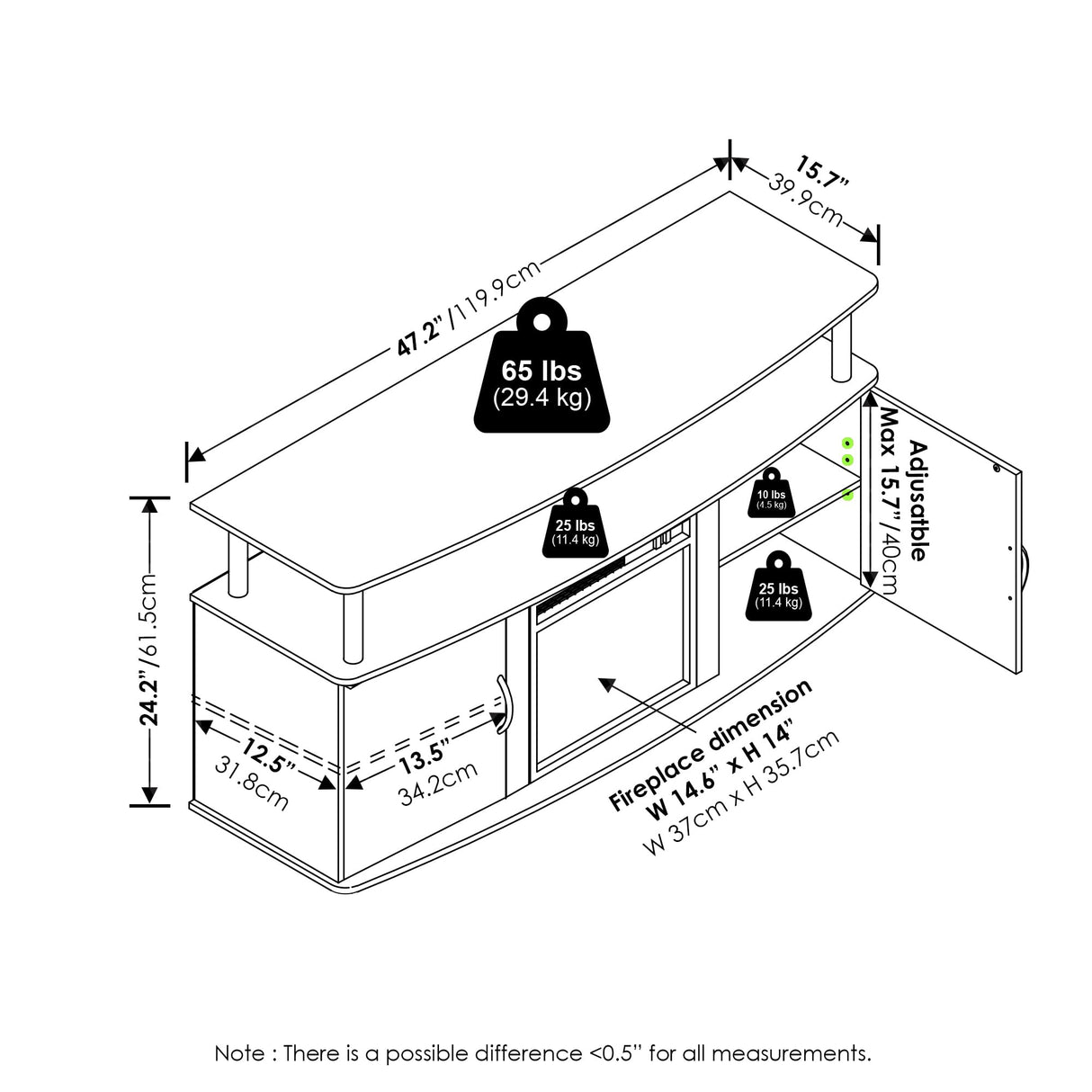 Furinno Jensen Living Room Fireplace TV Entertainment Center with Doors Storage Cabinet for TV up to 55 Inch, French Oak Grey/Black Furinno