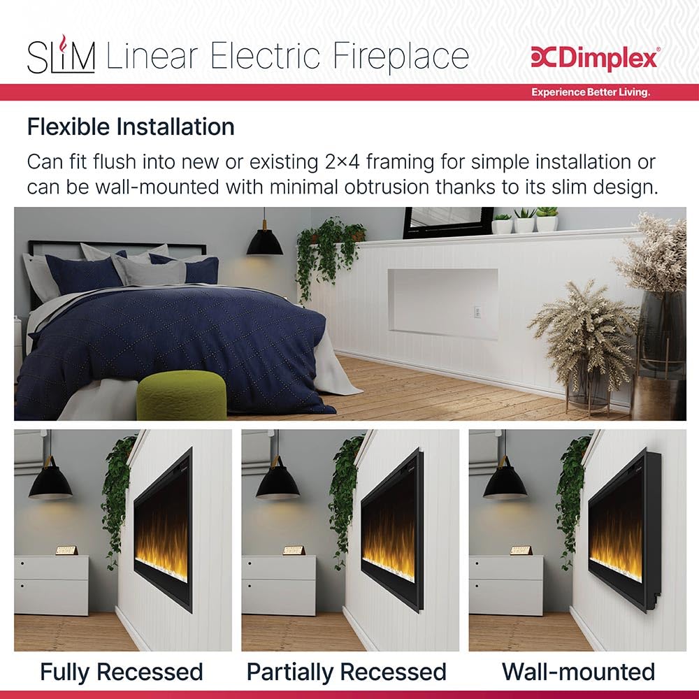 Dimplex 50 Inch Slim Built-in Linear Electric Fireplace Heater | Shallow 4-Inch Depth with LED Multi-Color Flames | Remote and Acrylic Crystal Ember Bed Included | Thin Flush Mount | 1500W DIMPLEX