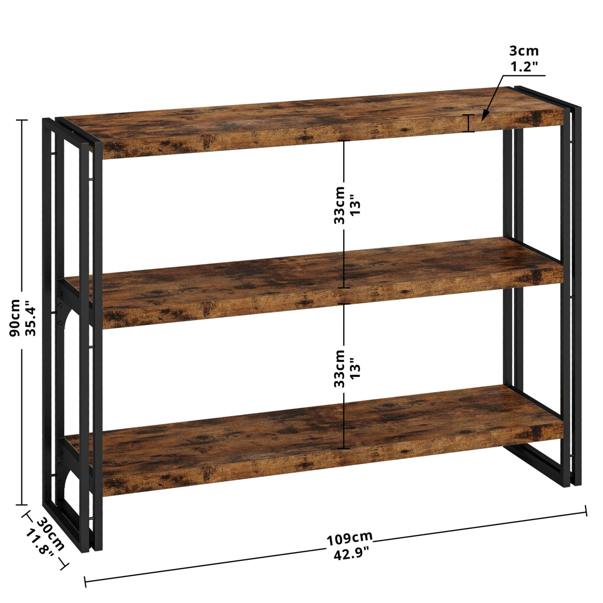 Industrial Vintage Brown 3-Tier Bookshelf by IRONCK - Sturdy Metal Frame & Spacious Storage IRONCK