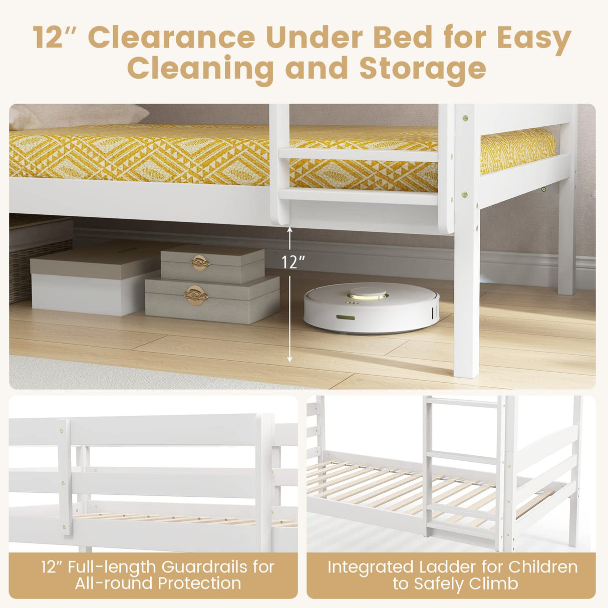 Giantex Bunk Bed Twin Over Twin, Solid Wood Detachable Bed Frame with High Guardrails & Integrated Ladder, Wooden Slatted Bunk Bed for Kids & Teens, No Box Spring Needed, White Giantex