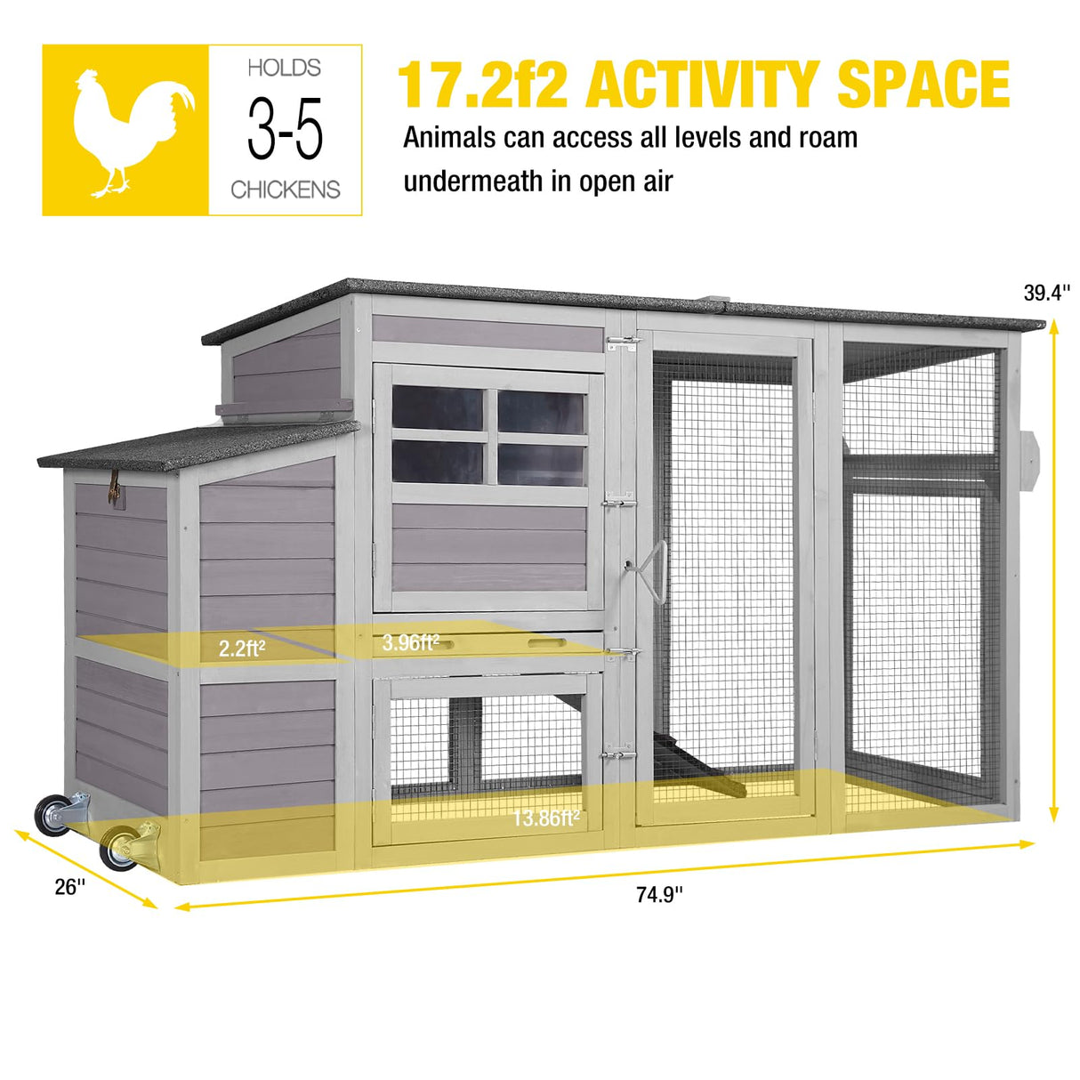 AIVITUVIN Chicken Coop for 4-6 Chickens with Wheels Chicken House with Large Run Portable Hen House Nesting Box, Metal Pull Out Tray Aivituvin