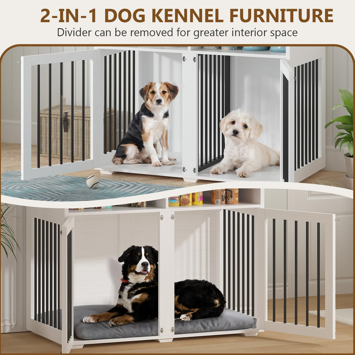 41 inch Dog Crate Furniture, Farmhouse Dog Kennel Indoor with Divider & Shelf Storage, Wooden Indoor Dog Crate for 2 Dogs, Decorative Pet Crate End Table for Large Dogs, White REVOMINCA