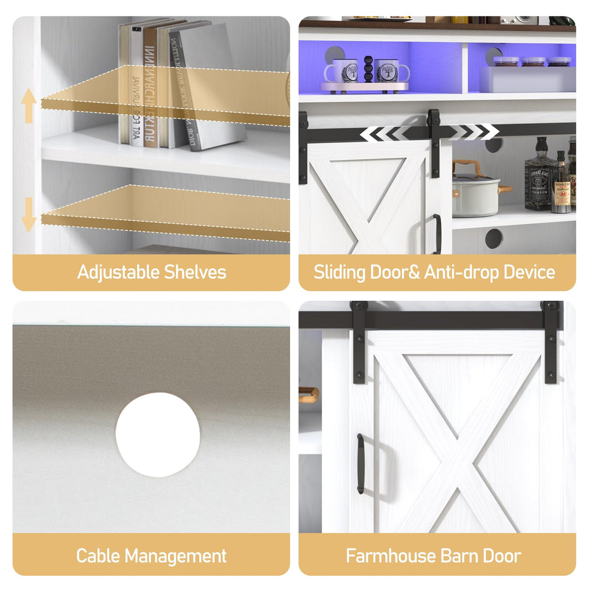 jiteentarou Farmhouse Coffee Bar Cabinet with Power Outlet, Rustic Sideboard Buffet Storage Cabinet with Storage, Wood Buffet Cabinet Serving Table Cupboard for Dining Room, Living Room, White jiteentarou