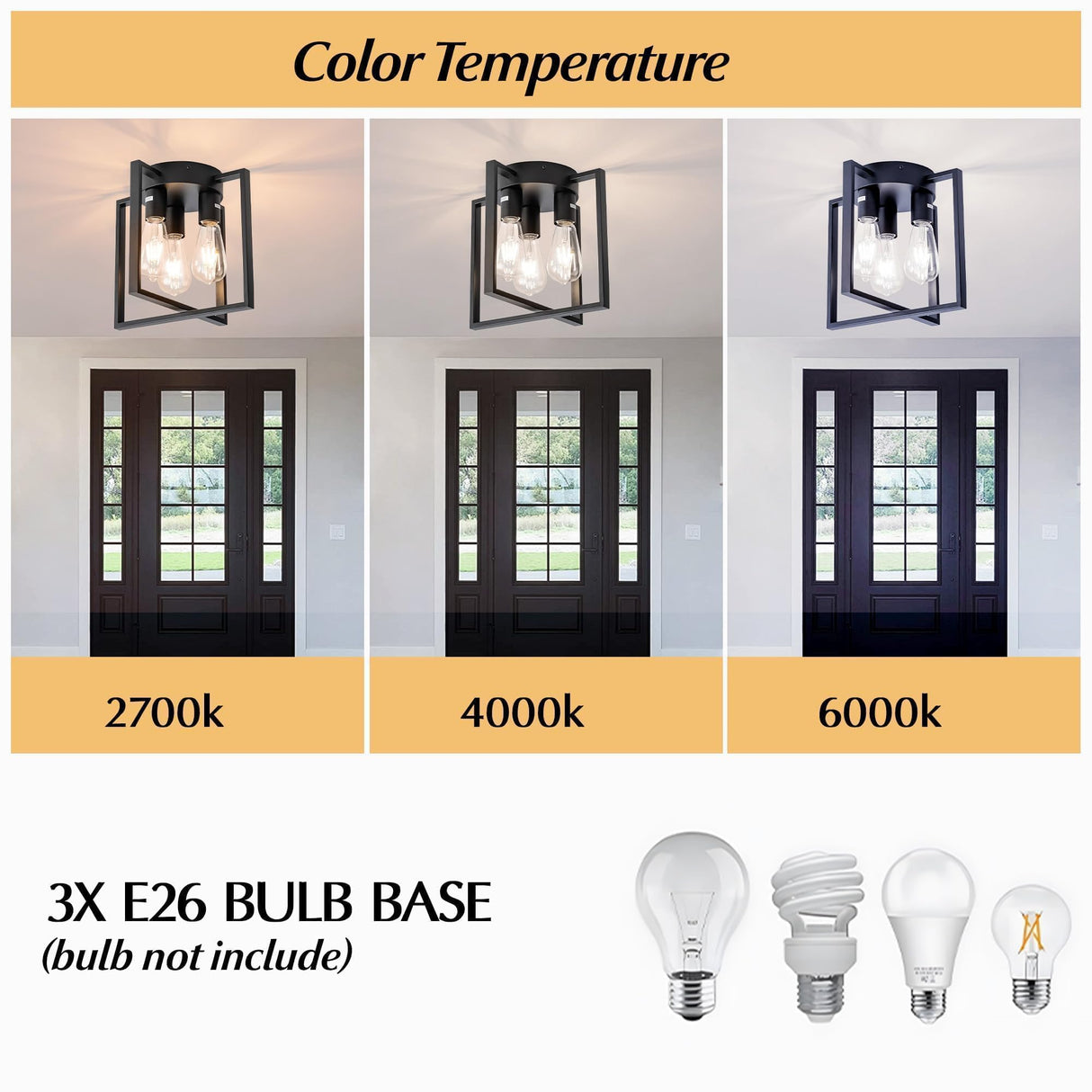 LEIP 3-Light Ceiling Light Fixture, Semi-Flush Mount Light with Contemporary Geometric Metal Cage, Farmhouse Industrial Lighting for Kitchen Living Room Bedroom Hallway Foyer, E26 Black LEIP