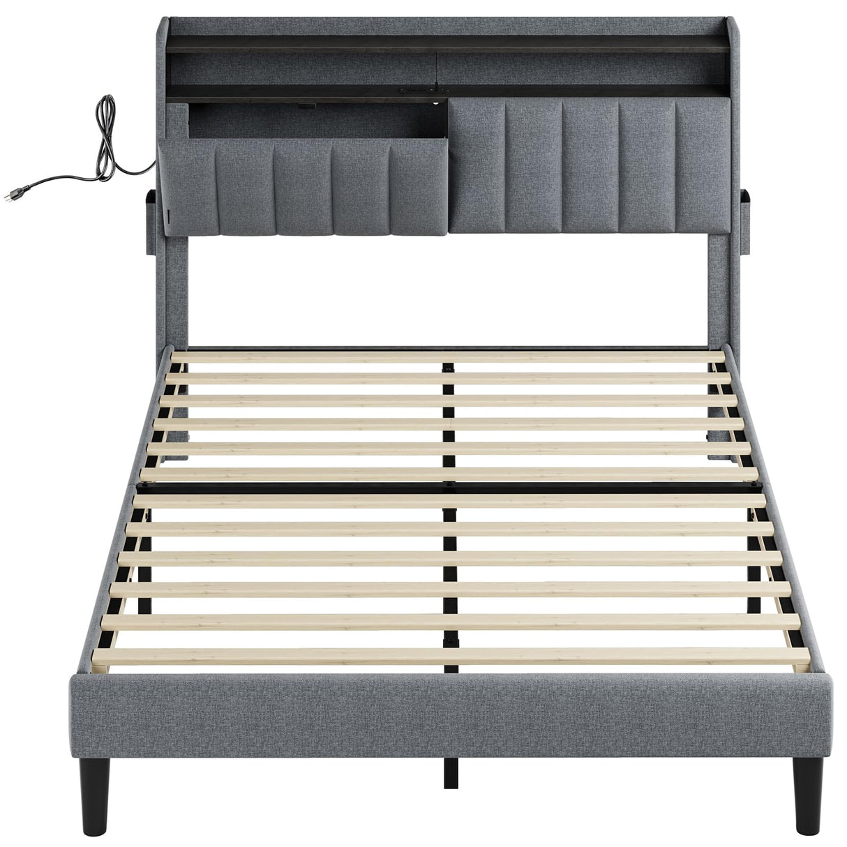 FYRENA Upholstered Full Bed Frame with LED Headboard, Storage Footboard and USB Ports FYRENA