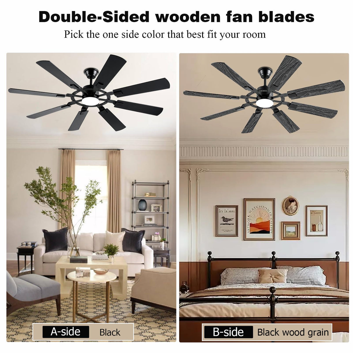 FUMLTP 62 Inch Ceiling Fans with Lights, Large Low Profile Ceiling Fan with Remote Control, 8 Double Sided Blades, 6 Speed Reversible DC Motor, Silent Timing, Black Indoor Outdoor Ceiling Fan FUMLTP