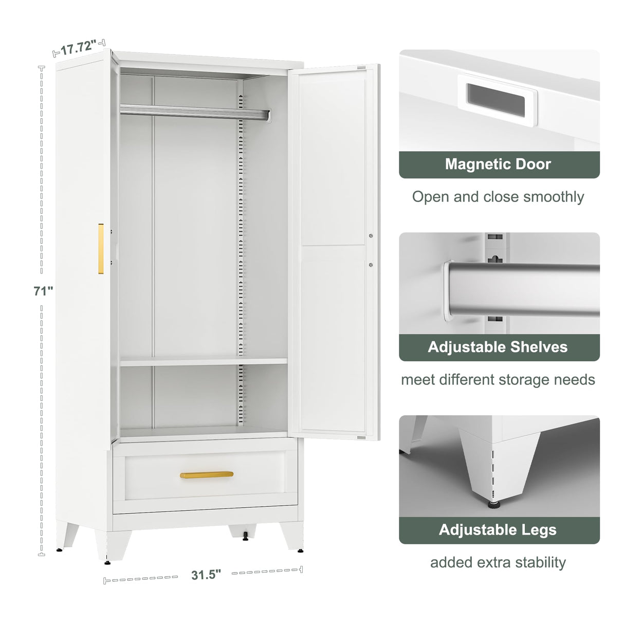 Washsemba 71'' Farmhouse Metal Wardrobe Cabinet with Hanging Rod, 2 Barn Door Wardrobe Closet with Adjustable Shelves,Drawer,for Dining Room,Bedroom,Living Room, Cloak Room,Office (White) Washsemba
