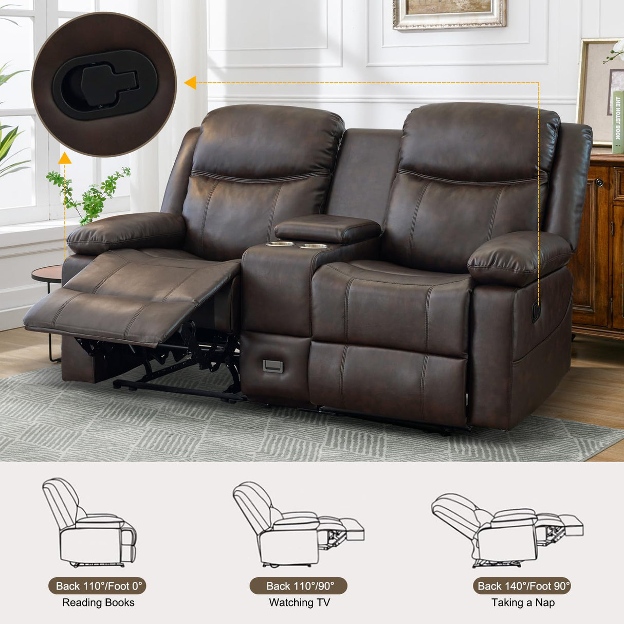 B BAIJIAWEI Loveseat Recliner, Reclining Sofa with Console, Double Reclining Couch, 2 Seater Manual Massage Couch for Living Room, Office, Home Theater(PU-Brown) B BAIJIAWEI