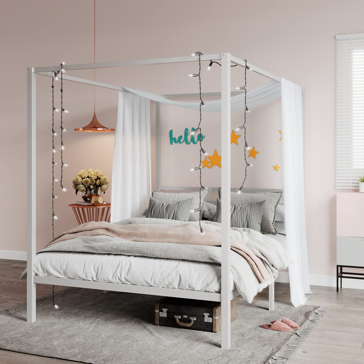 Queen Size Metal Canopy Bed Frame by SHA CERLIN - Sturdy, No Box Spring Needed, Easy Assembly, Customisable Design in White SHA CERLIN