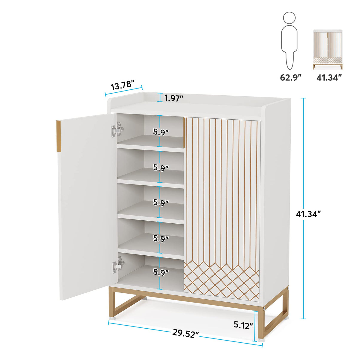 Tribesigns White, 25 Pair Shoe Cabinets with Doors, 5-Tier Modern Shoe Rack Organizer Cabinet, Freestanding Wood Storage Cabinet with Gold Metal Frame for Bedroom Hallway Living Room Tribesigns