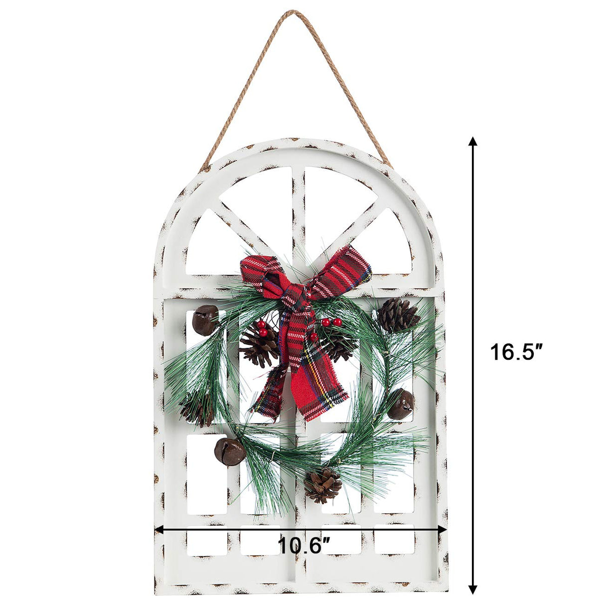 Sunnygalde Indoor and Outdoor Wood Christmas Holiday Wall Hanging Door Decorations Wood Plaqu Signs Christmas Ornament, for Home, School, Office Including Wreath, Wooden Arch and Led Lights (White) Sunnyglade