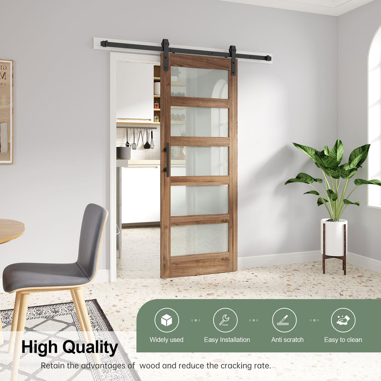 FREDBECK 32in x 80in inch Glass Barn Door with 5.5FT Sliding Barn Door Hardware Kit Included,5-Panel Frosted Glass Wood Panel,Water-Proof Surface,Need Assembly,Fit 29in -30in Opening FREDBECK