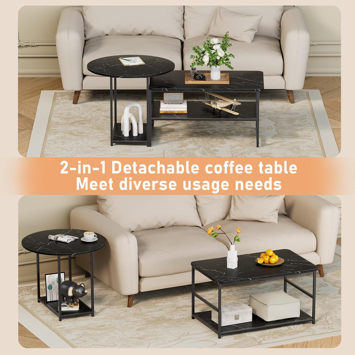 WOHOMO Coffee Table, Black Modern Coffee Tables for Living Room 2 in 1Detachable Small Center Table Set with Storage, Black Marble WOHOMO